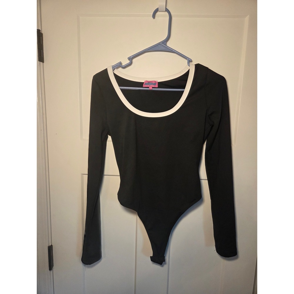 Edikted Black Long Sleeve Bodysuit White Contrast Scoop Neck M